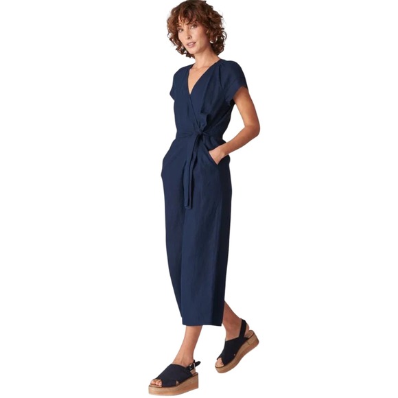 Whistles Pants - Whistles Etta Jumpsuit Women US‎ 0 Blue Linen Wrap Tie Waist Wide Leg Cap Sleeve